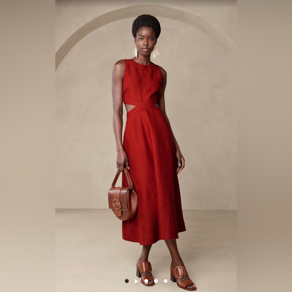 Banana Republic Lina Linen Cutout Midi Dress in Red Embers Size 6 Occasion Dress